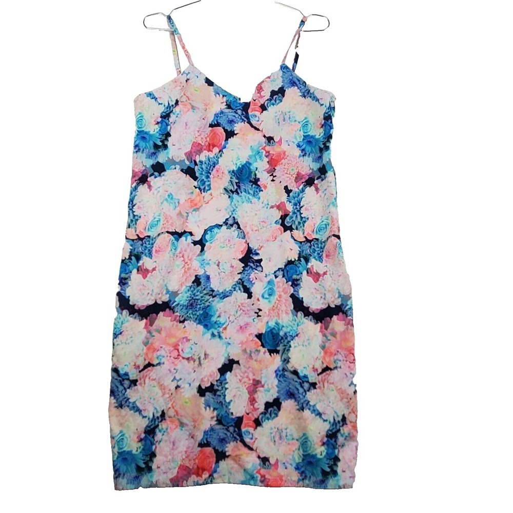 Neon Rose Slip Dress Women 12 Blue Pink Water Colors Spaghetti Strap Cottagecore
